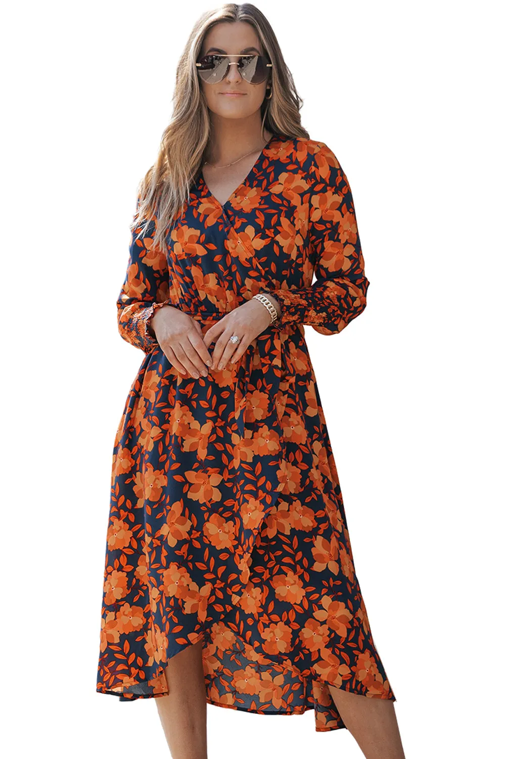 Floral Print Faux Wrap Belted Dresses