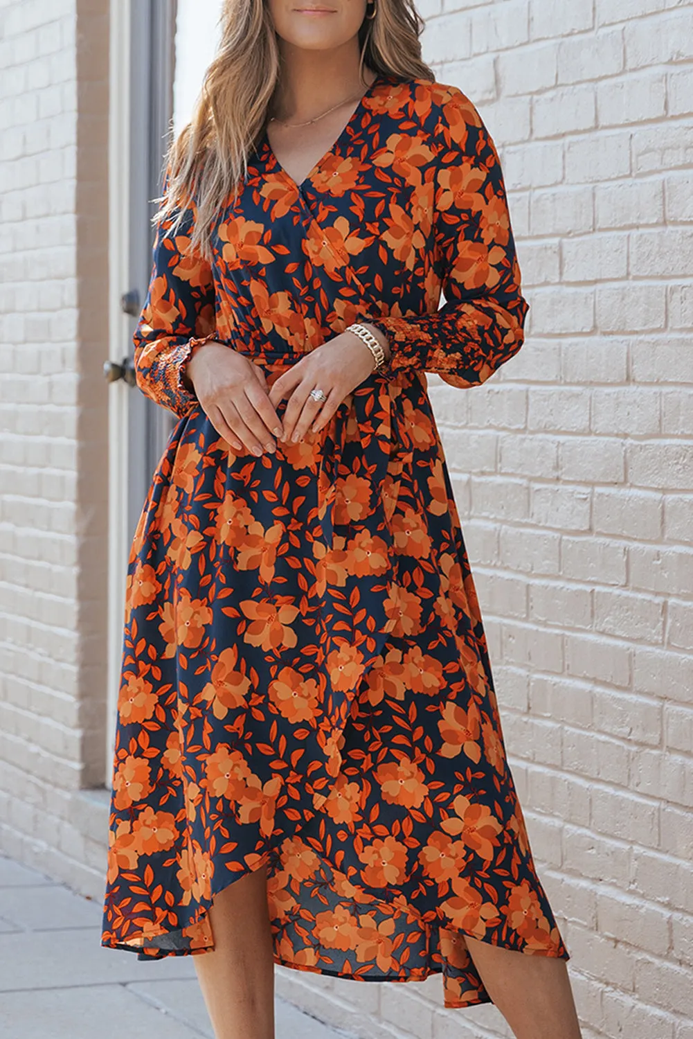 Floral Print Faux Wrap Belted Dresses