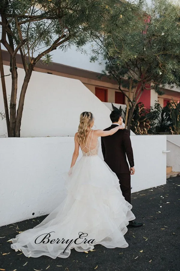 Fluffy Bridal Wedding Dresses, Open Back Beaded Wedding Dresses