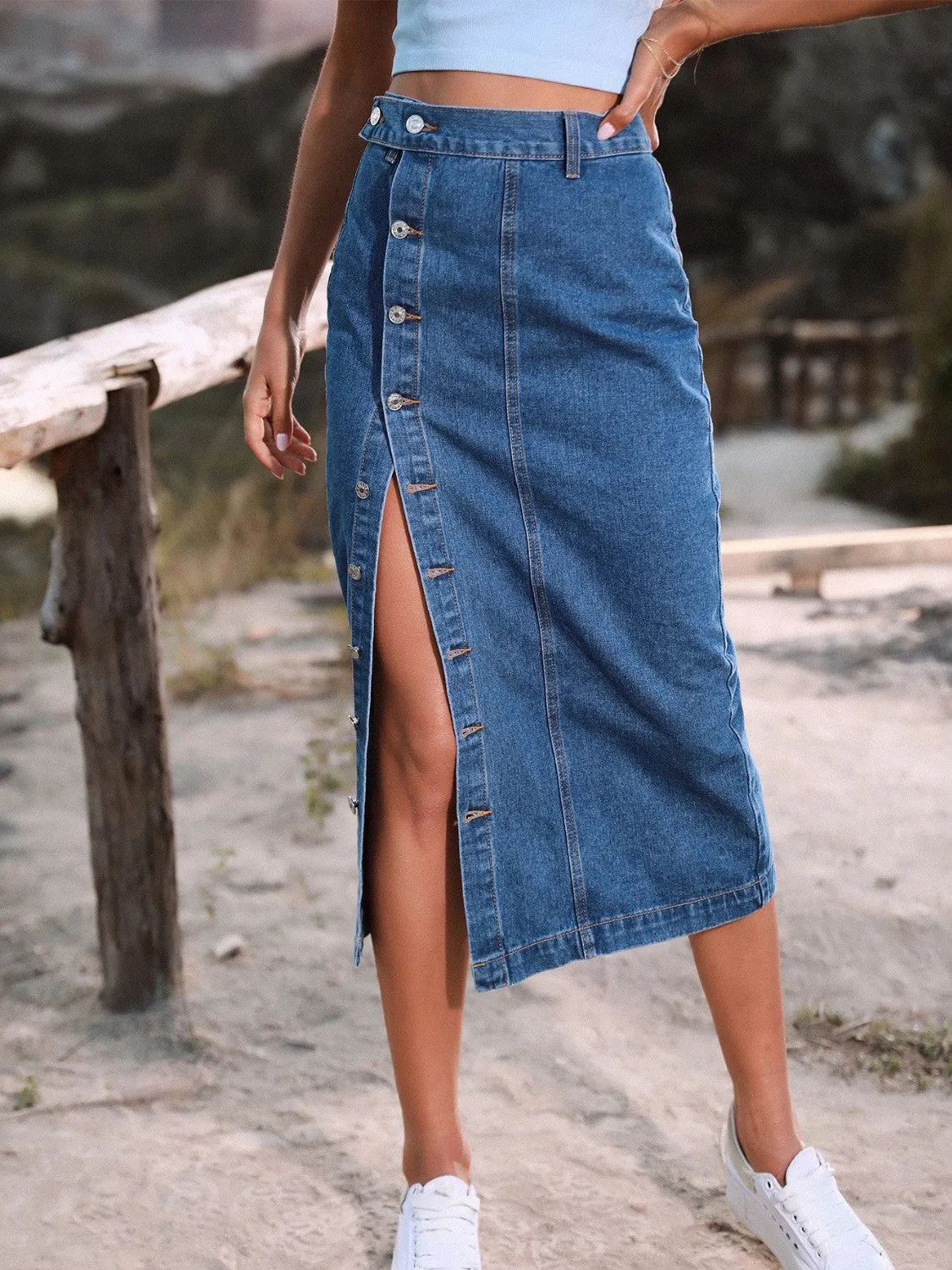 French Blue Button Down Denim Skirt