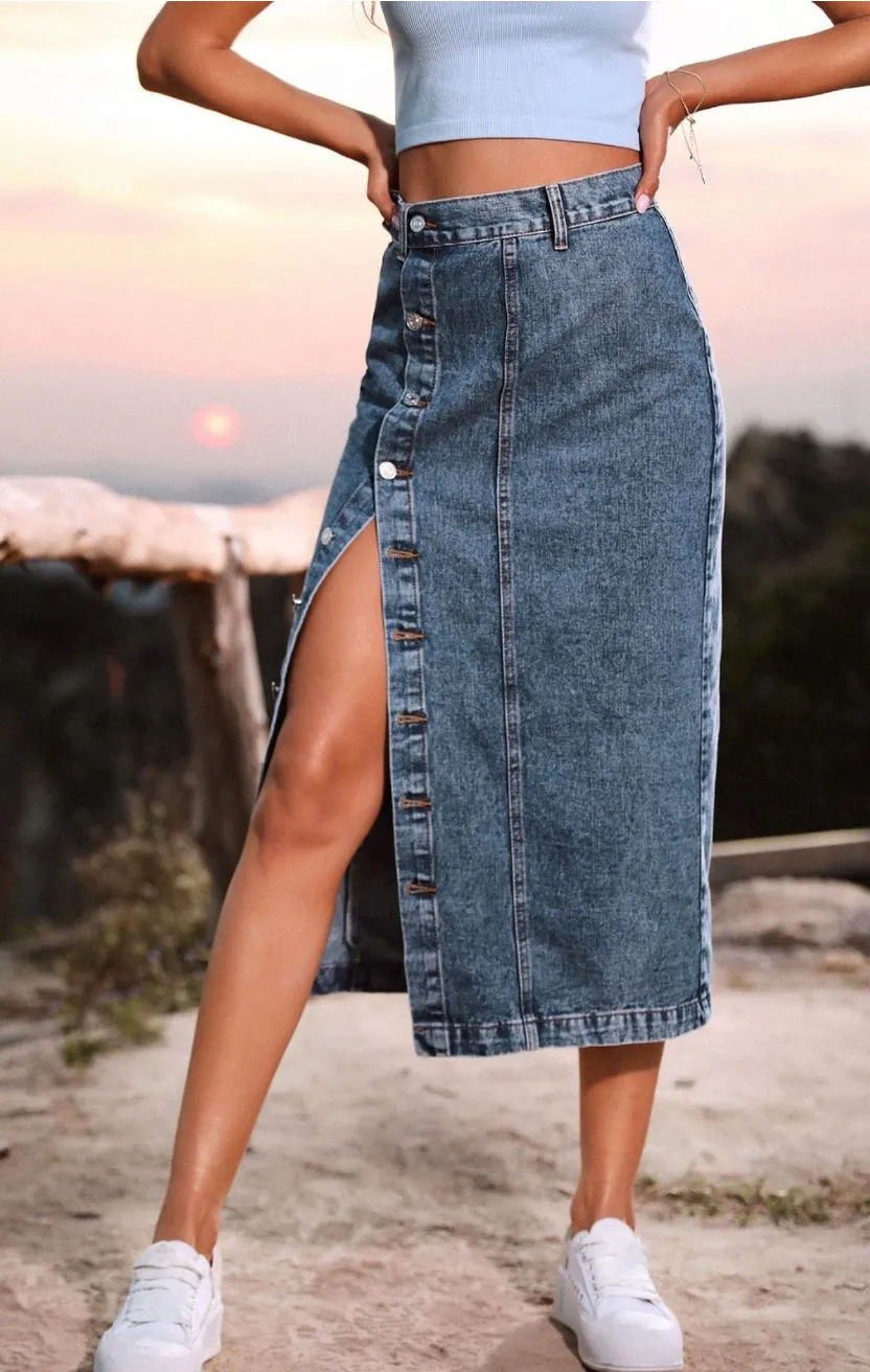 French Blue Button Down Denim Skirt