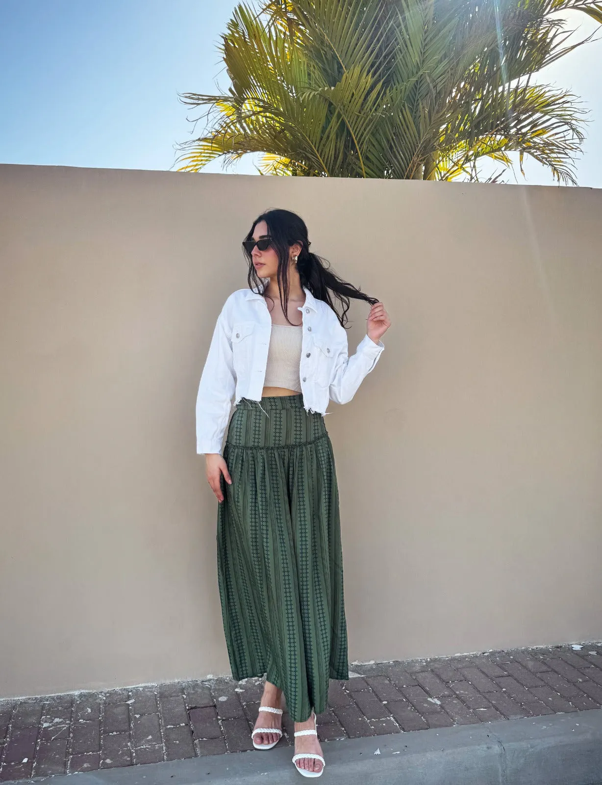 Geometric Lines Maxi Skirt Olive Green