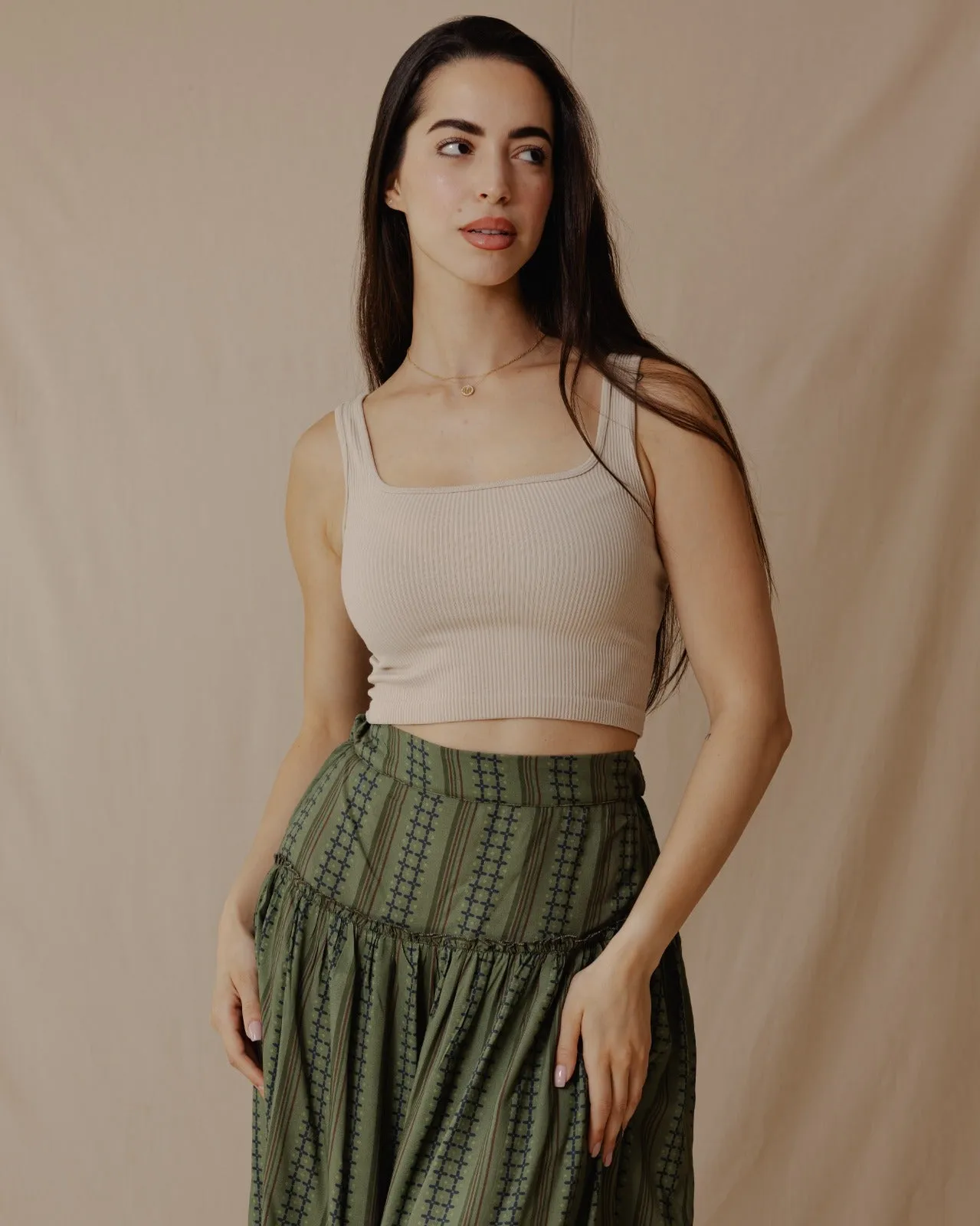 Geometric Lines Maxi Skirt Olive Green