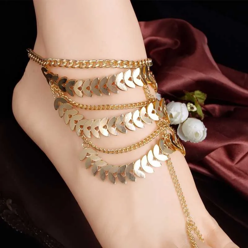 Gold Leaves Barefoot Sandal Golden Chains Bohemian Leaf Pattern Beach Ankle Bracelet Foot Jewelry One Size Adjustable