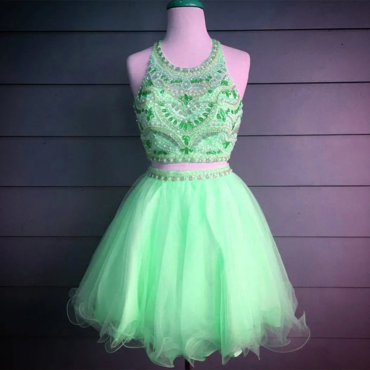 Gorgeous Crystal Beaded Halter Top Organza Ruffles Homecoming Dresses Two Piece