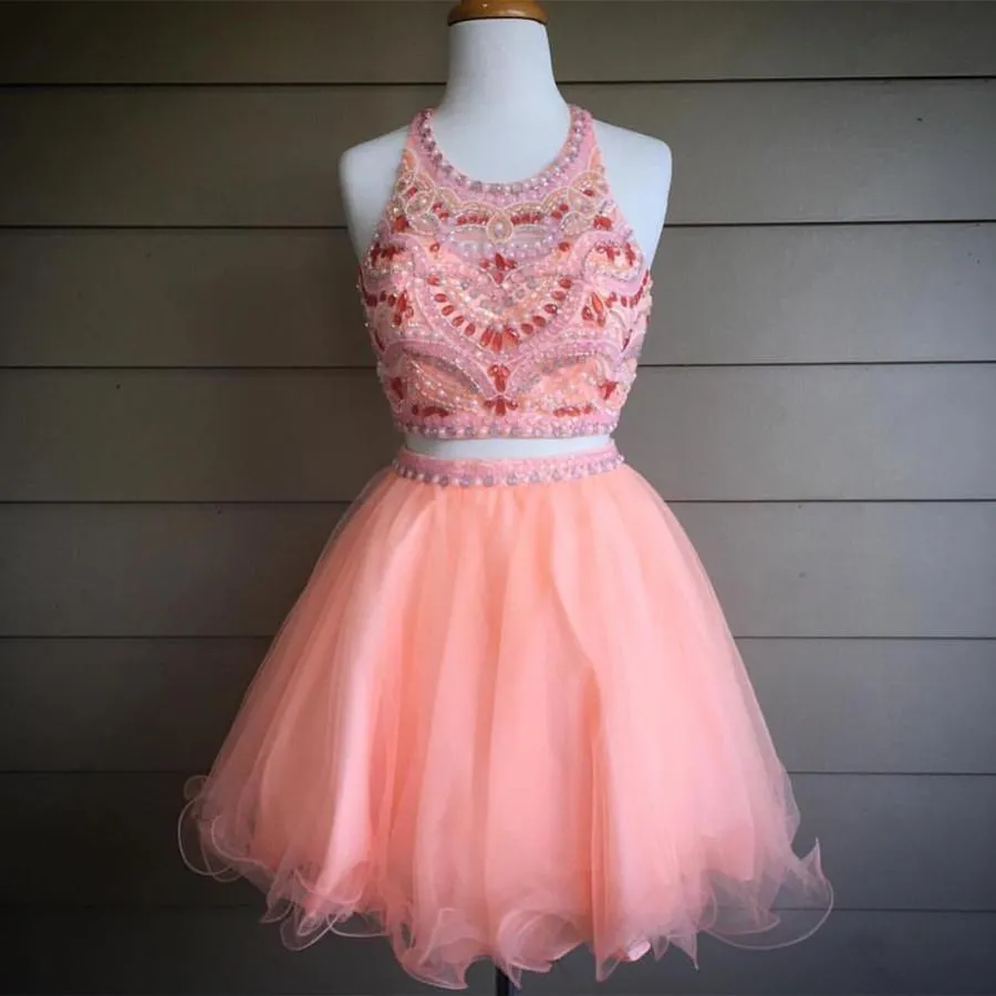 Gorgeous Crystal Beaded Halter Top Organza Ruffles Homecoming Dresses Two Piece