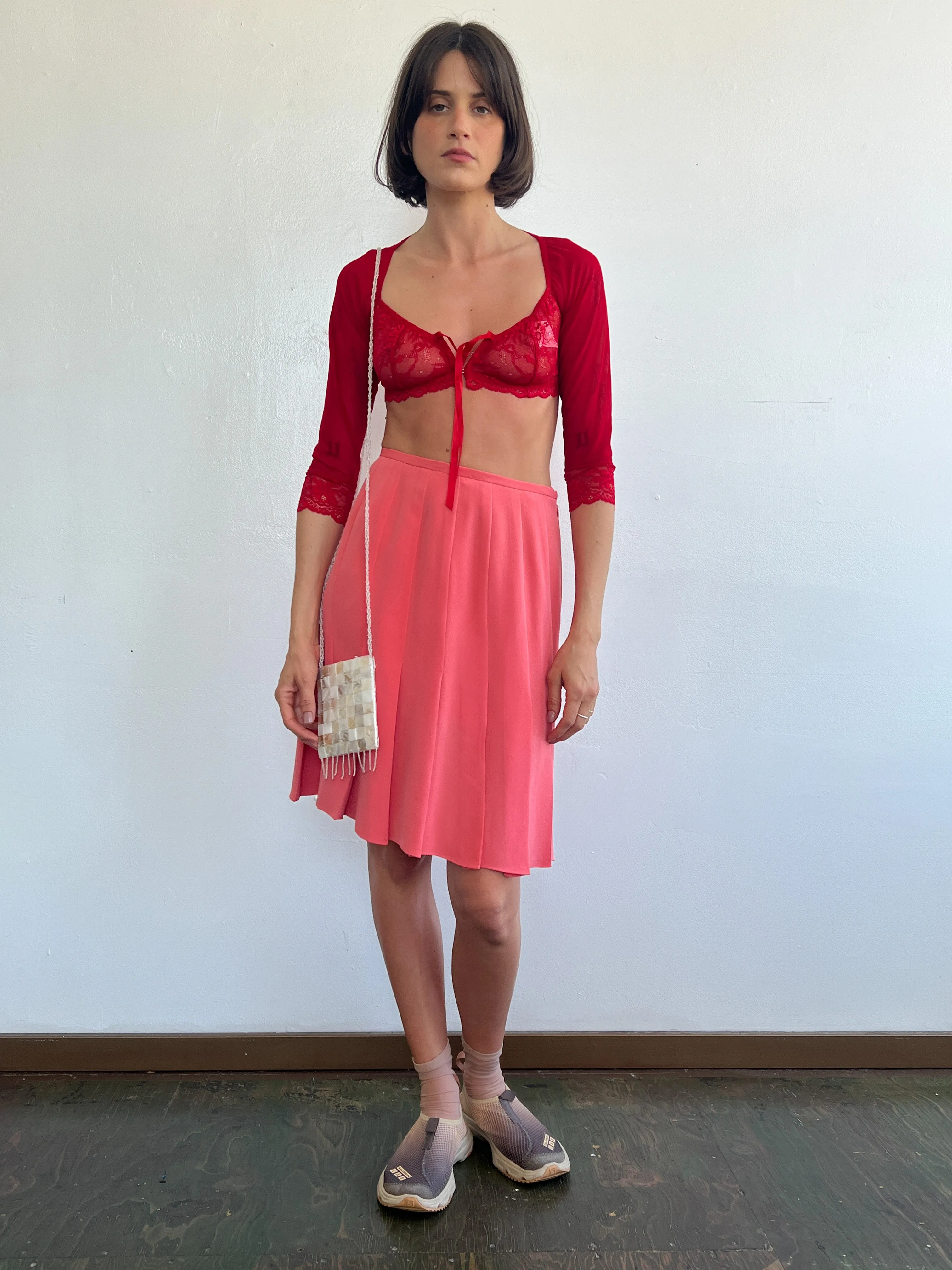 Guava Silk Pleated Skirt (S)