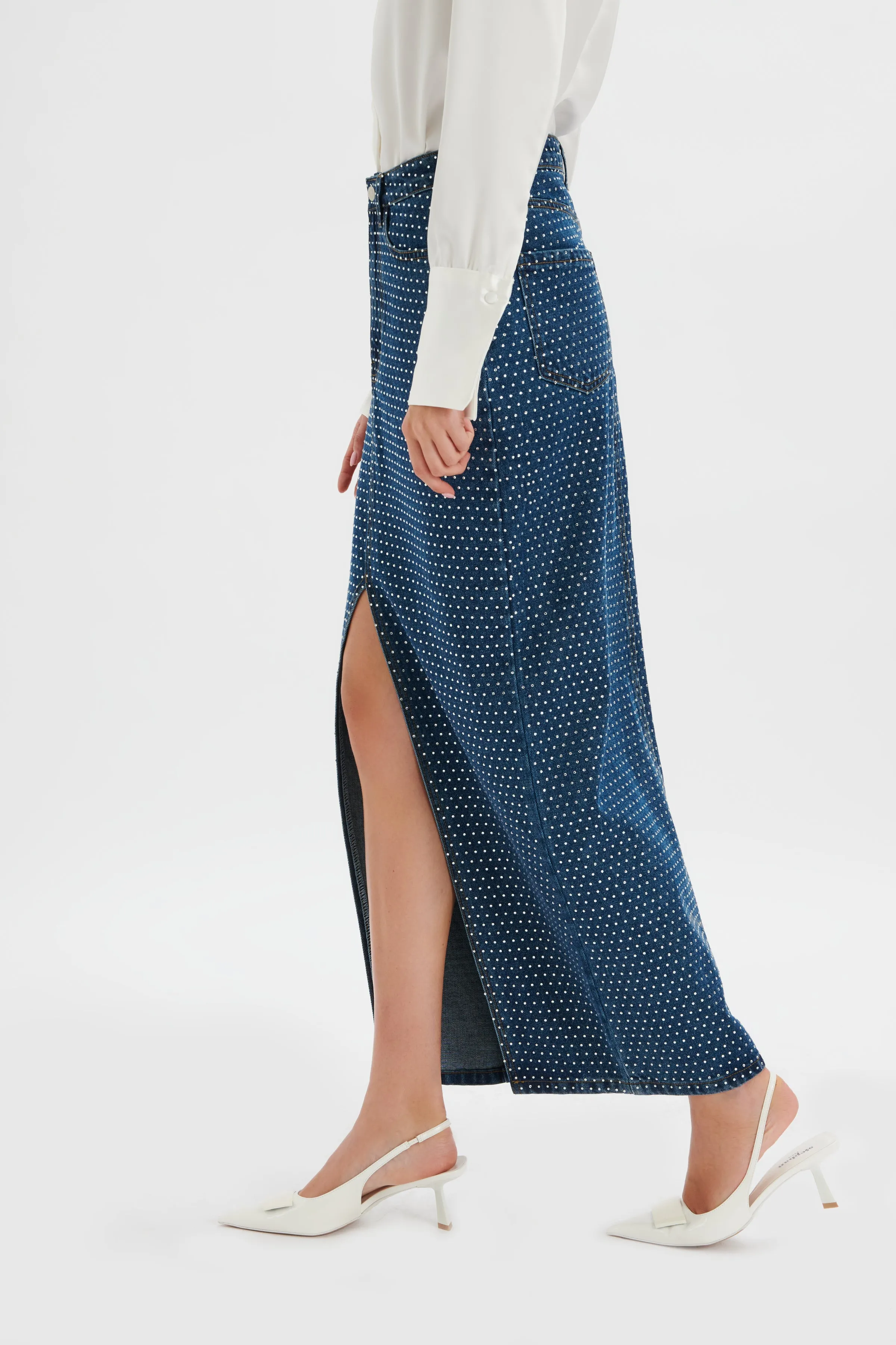 HARPER Crystal Embellished Denim Maxi Skirt in Dark Blue