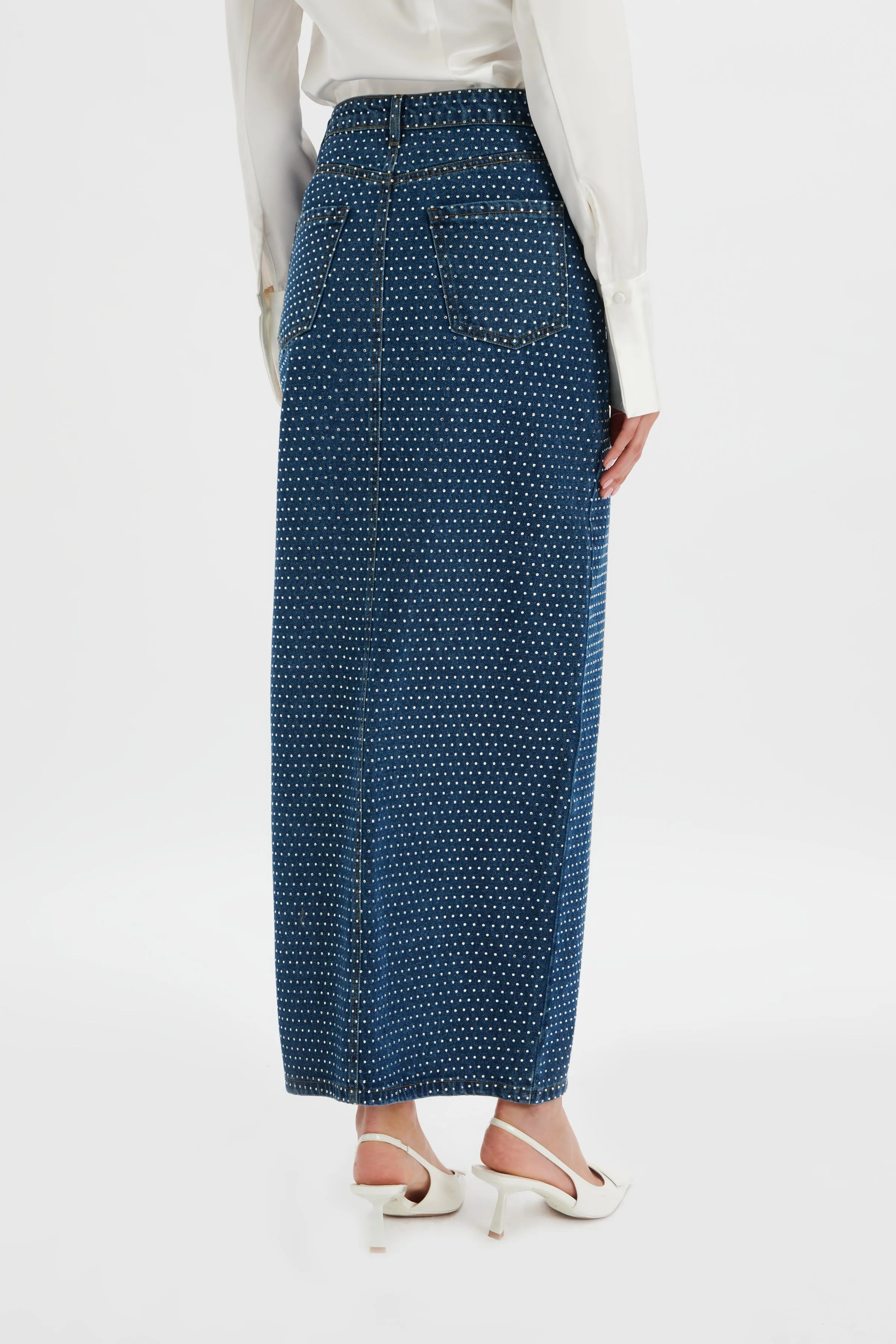 HARPER Crystal Embellished Denim Maxi Skirt in Dark Blue