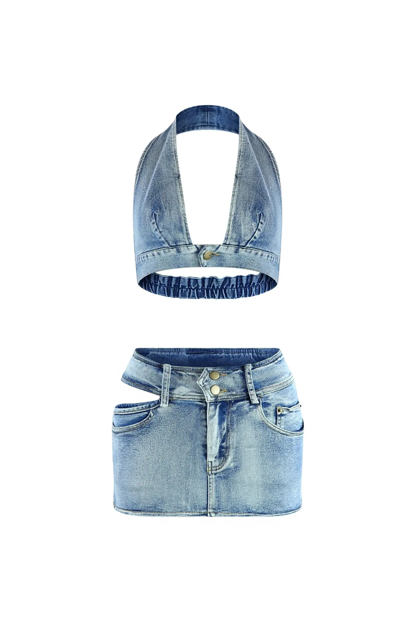 Hollaback Denim Halter Top & Skirt SET