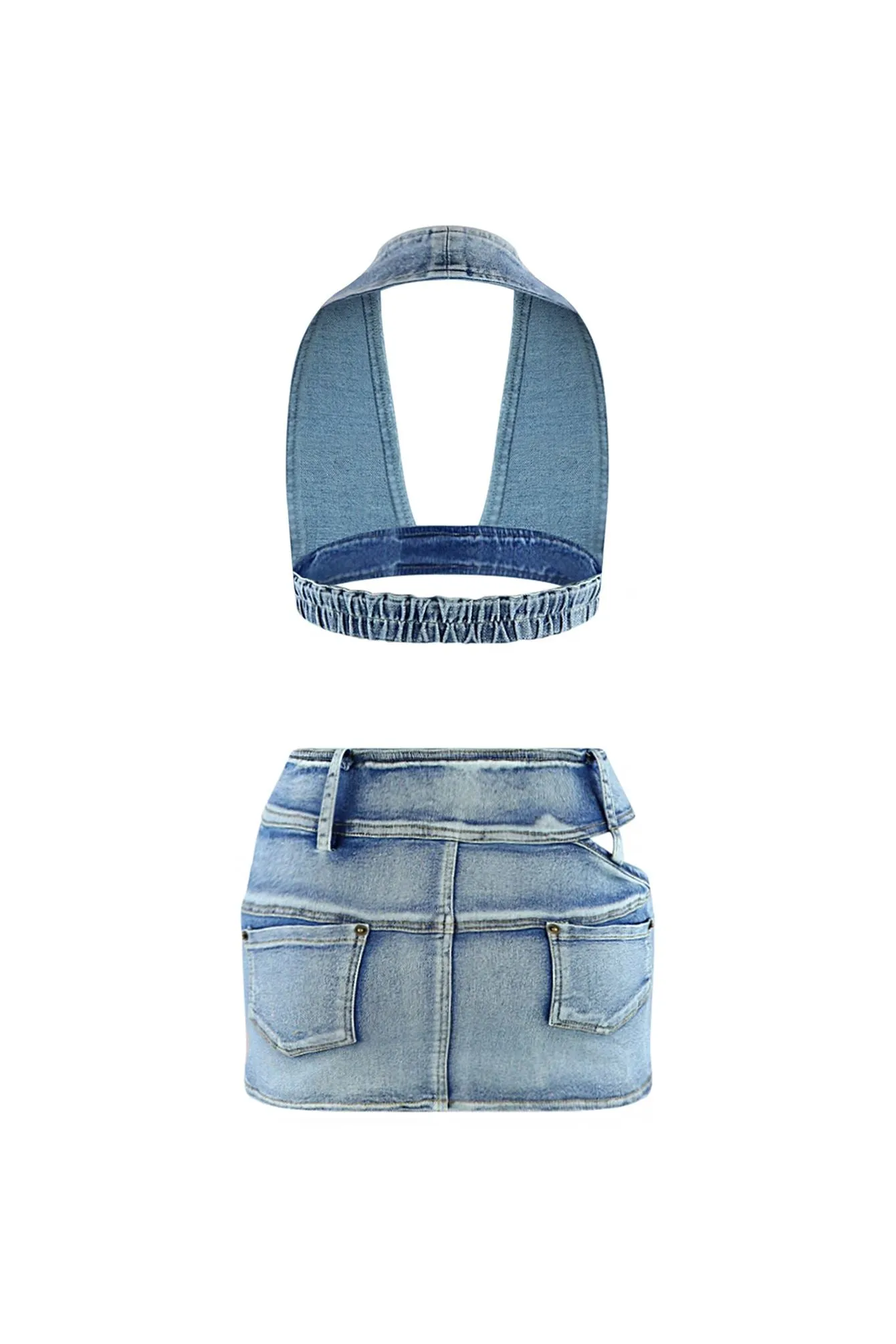 Hollaback Denim Halter Top & Skirt SET