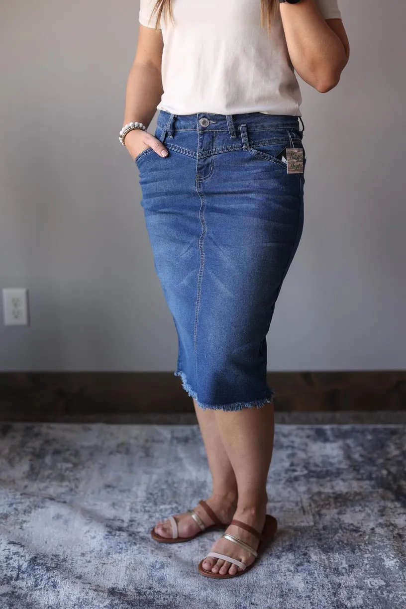 Indie Belted Midi Denim Skirt