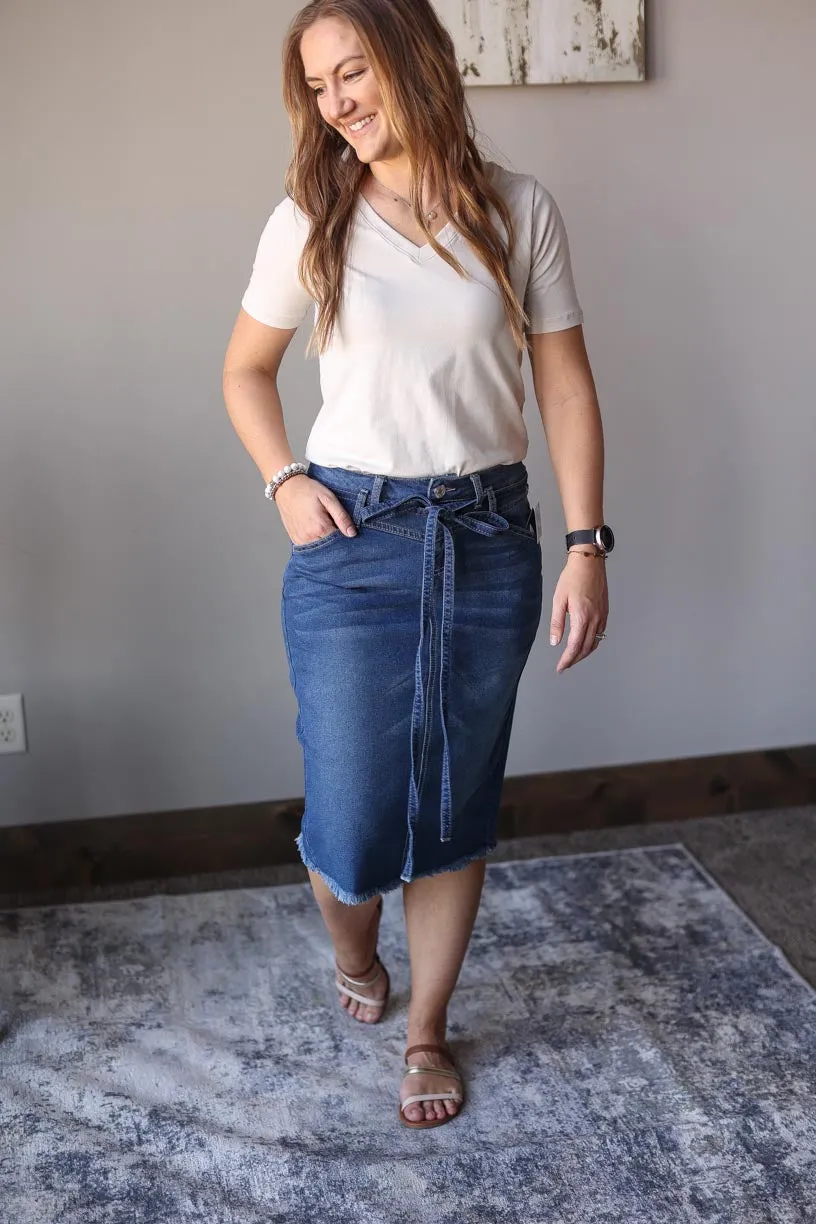 Indie Belted Midi Denim Skirt