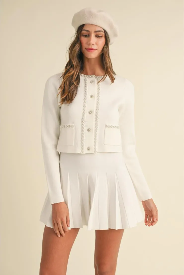 Jennifer Pearl Beaded Cardigan & Pleated Skirt Set (Sold Separately) - White