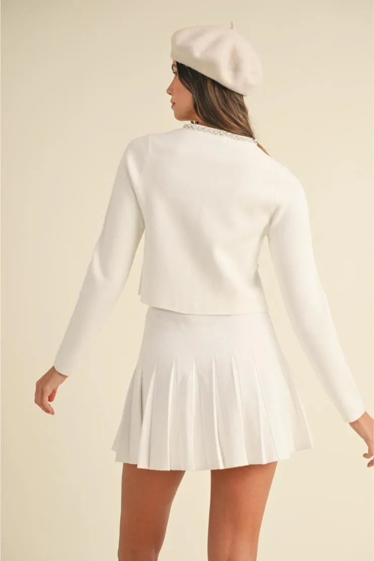 Jennifer Pearl Beaded Cardigan & Pleated Skirt Set (Sold Separately) - White