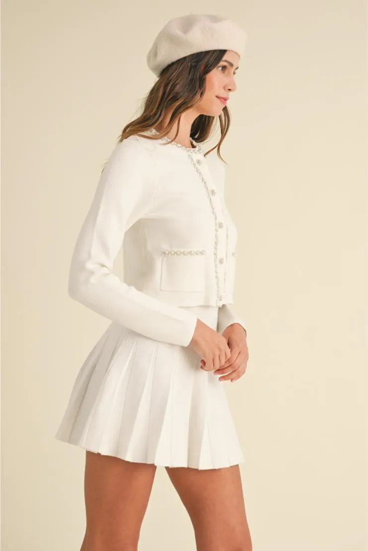 Jennifer Pearl Beaded Cardigan & Pleated Skirt Set (Sold Separately) - White