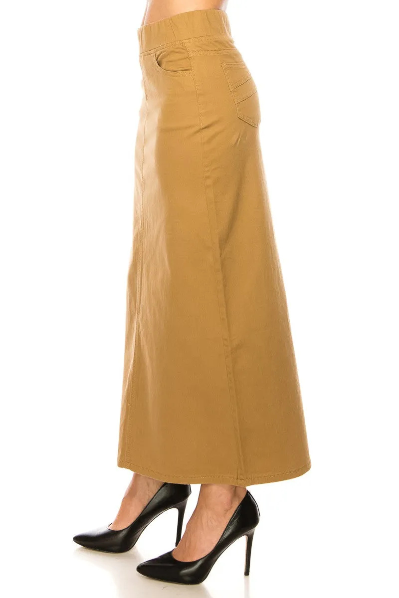 Jessie Classic Waistband Long Denim Skirt in Khaki