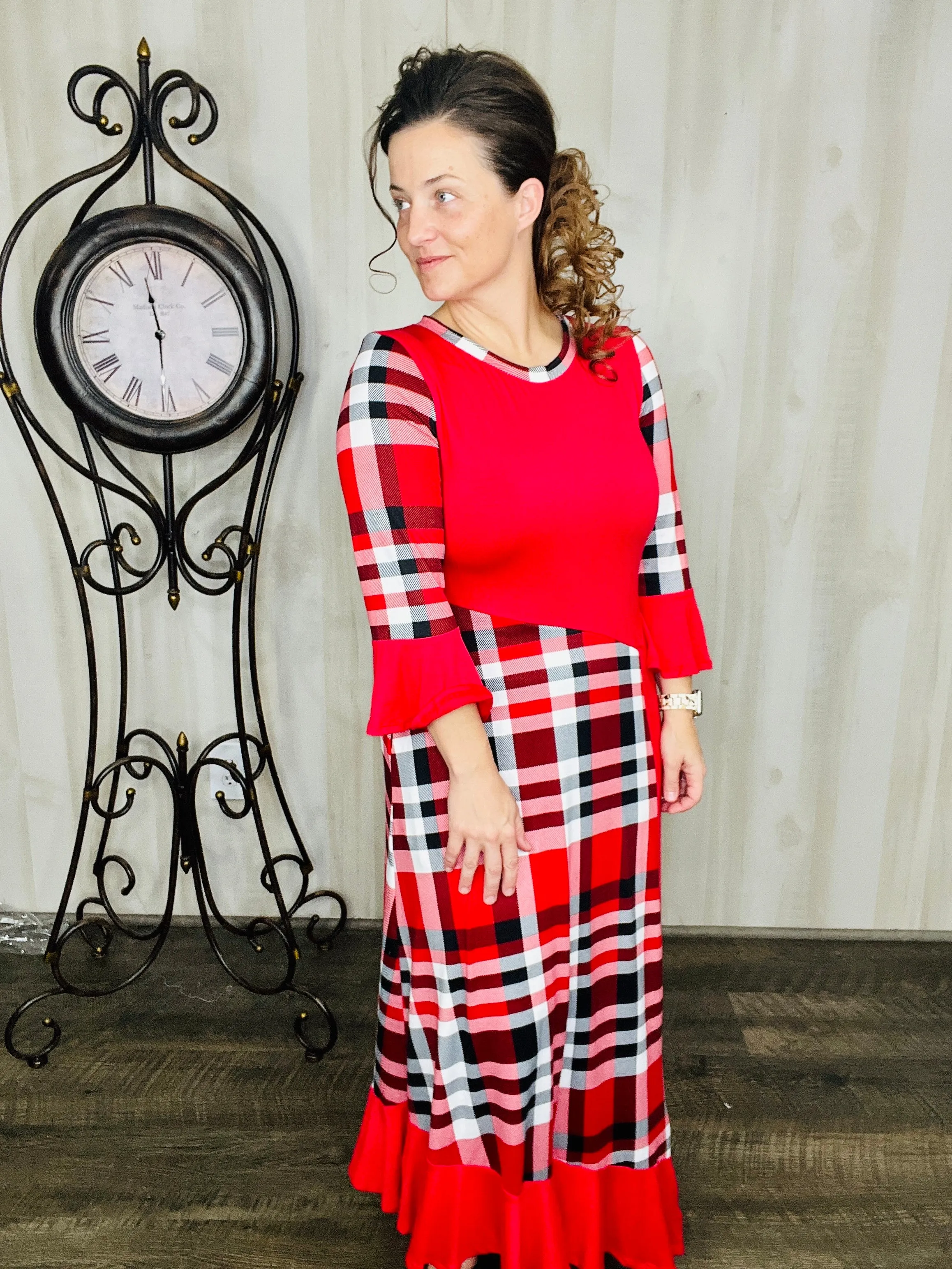 Kelly Midi Dress- Red Christmas Plaid