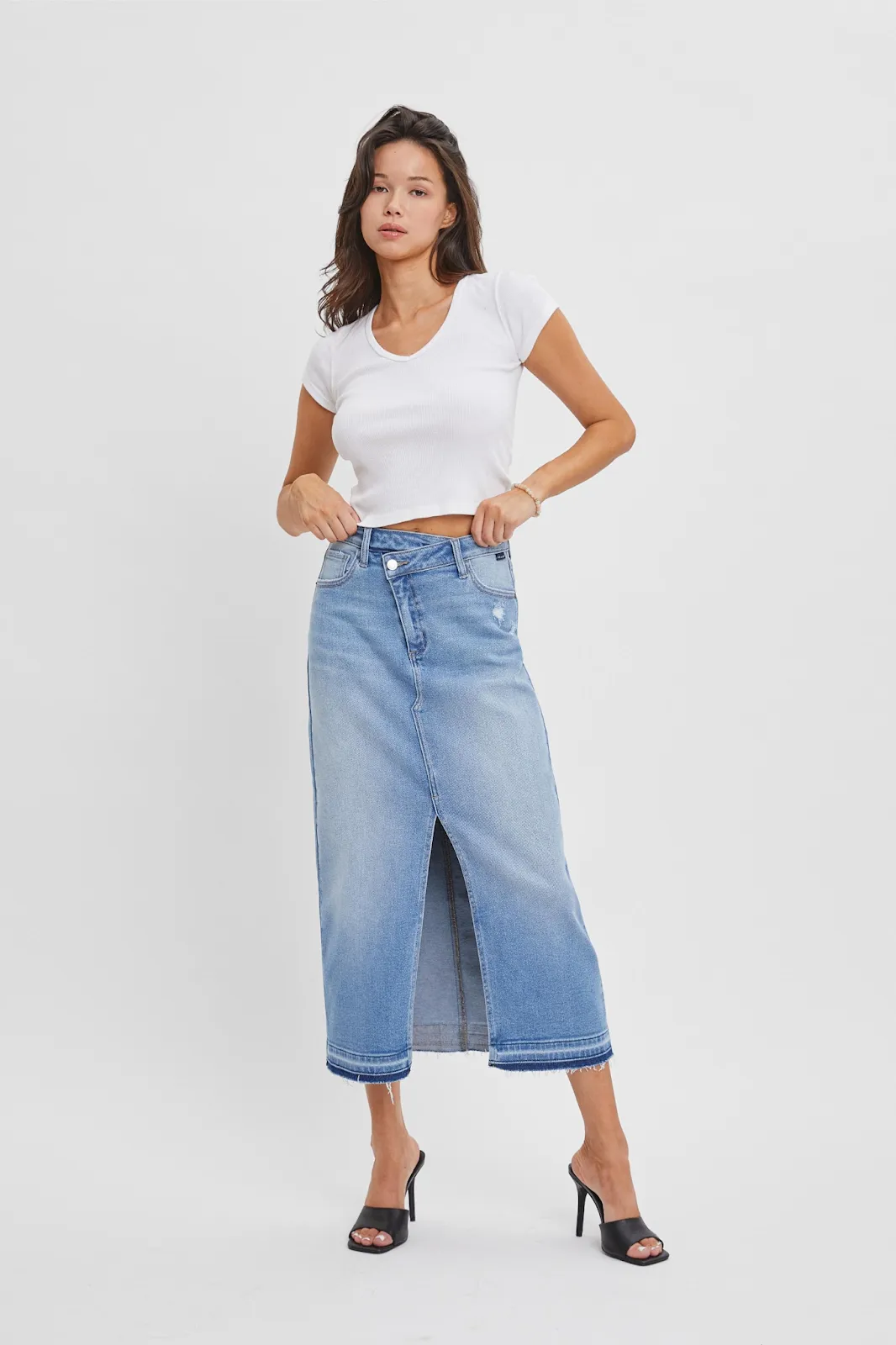 Light Denim High Rise Midi Skirt