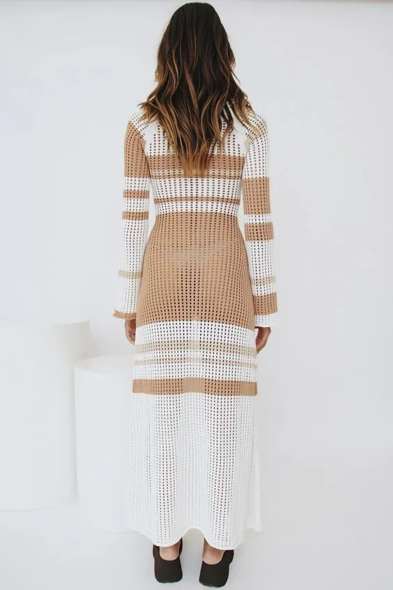 Long Sleeve Crochet Maxi Dress Available In Two Different Color Block Tones Tan Natural Or Multi Colored Breezy Bohemian Beach Dress Long Gown Available In Small Medium Large Or XL