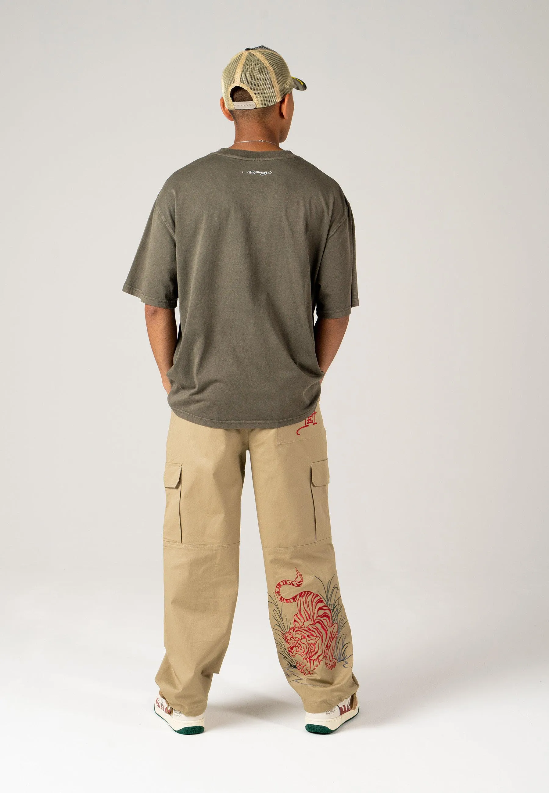 Mens Jungle Tiger Cargo Pants Trousers - Pebble