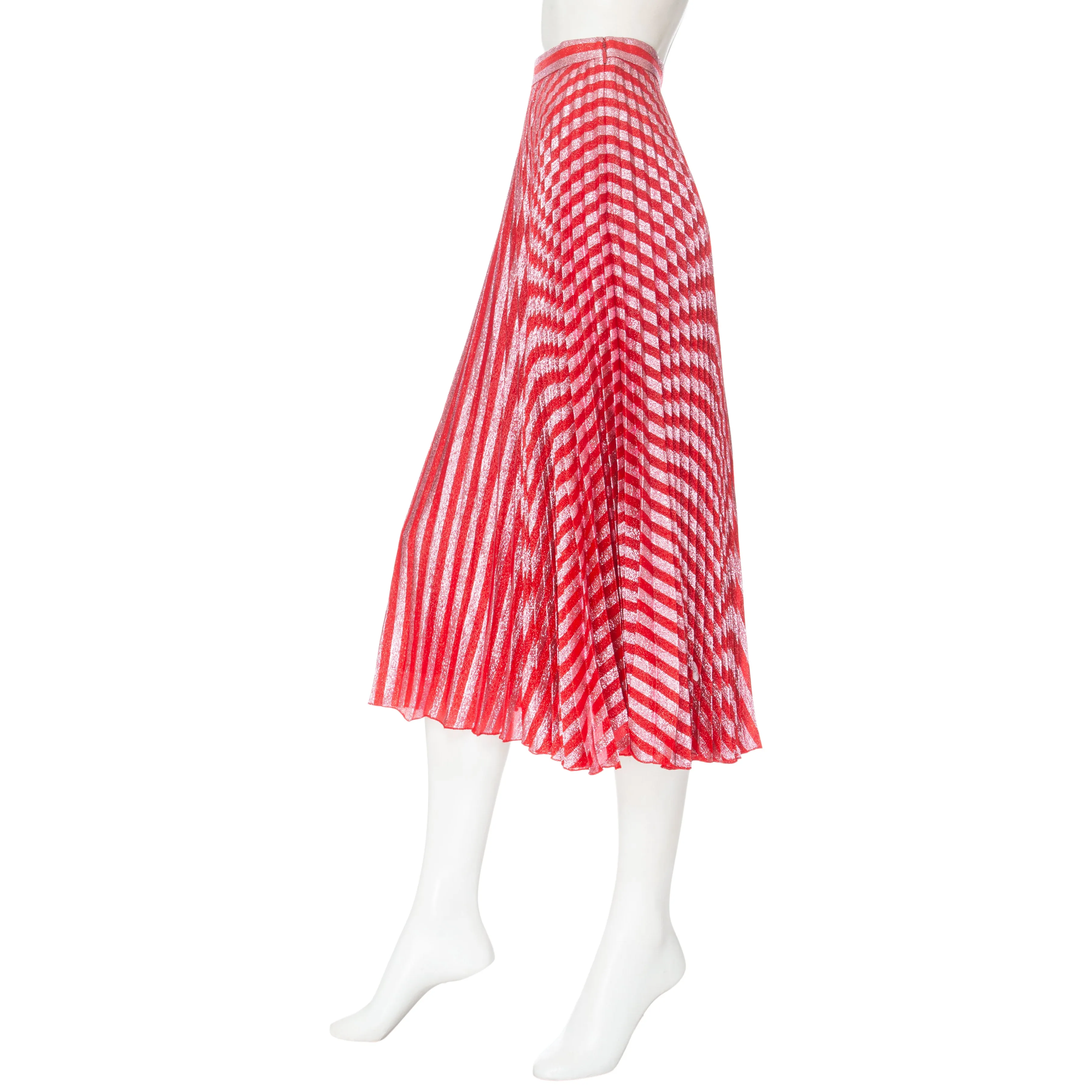 Metallic Pink and Red Striped Pleated Skirt