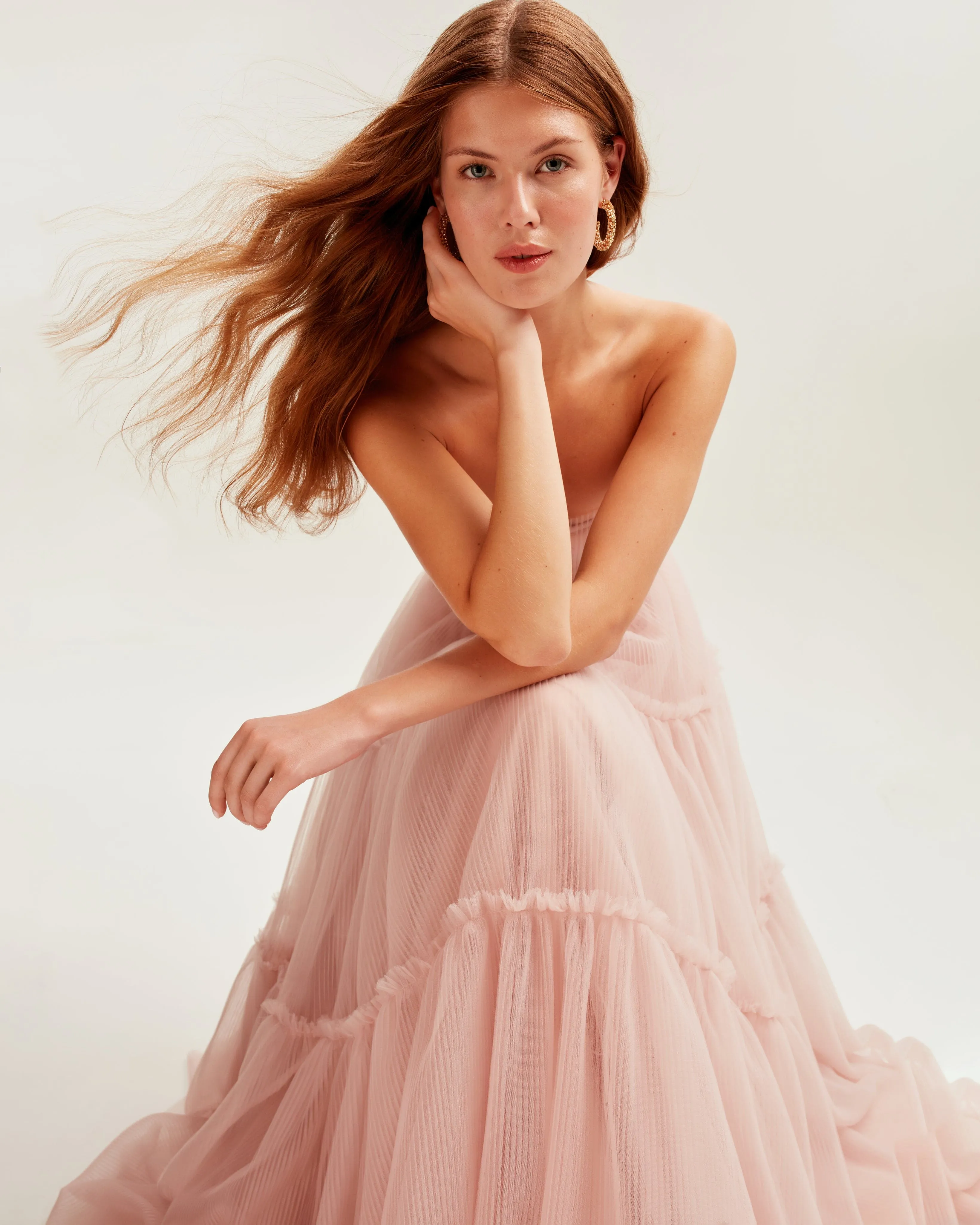 Misty rose tulle maxi dress with ruffled skirt, Garden of Eden