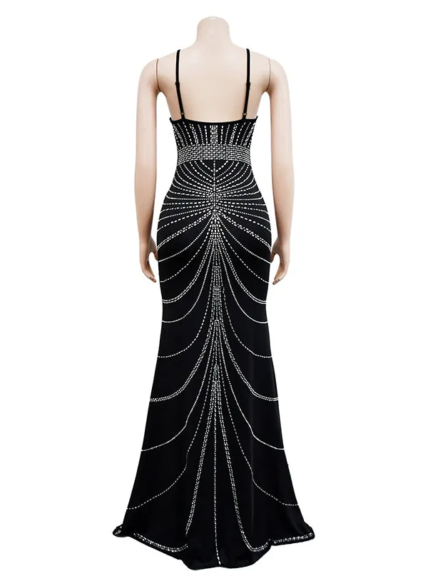 Momnfancy Elegant Black Rhinestones Sparkly Mermaid Bodycon Cross Back Floor Mopping Evening Photoshoot Maternity Maxi Dress