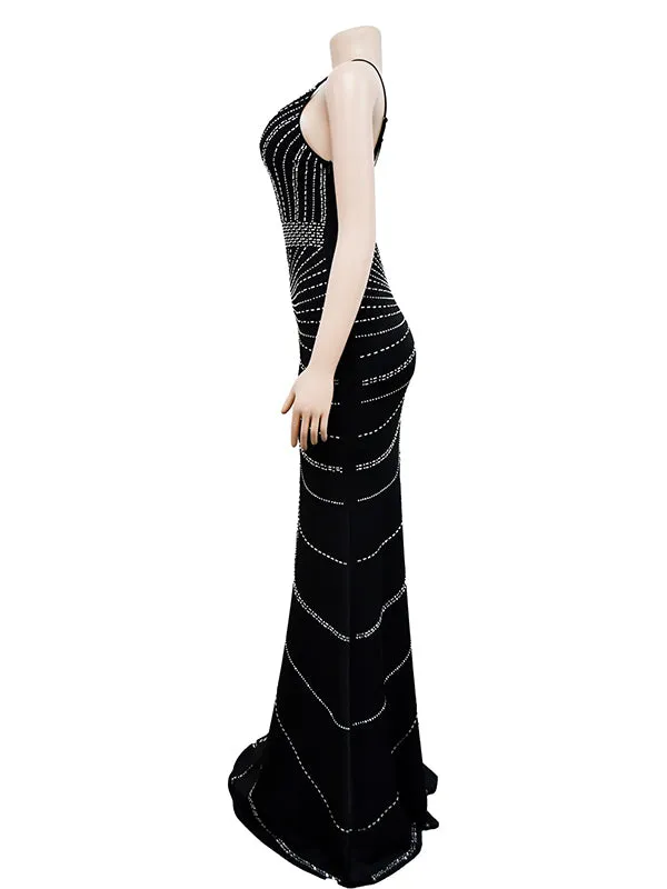 Momnfancy Elegant Black Rhinestones Sparkly Mermaid Bodycon Cross Back Floor Mopping Evening Photoshoot Maternity Maxi Dress