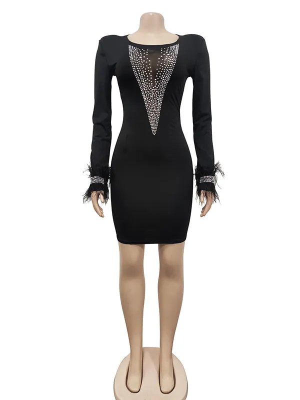 Momnfancy Elegant Black Rhinestones Sparkly Transparent Grenadine Mesh Feather Bodycon Party Babyshower Maternity Mini Dress