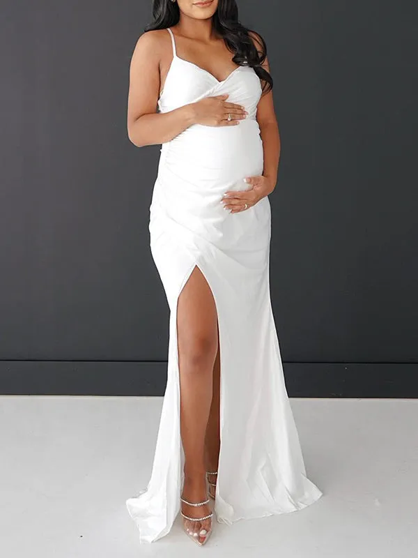 Momnfancy Side Slit Spaghetti Strap Babyshower Evening Maternity Maxi Dress