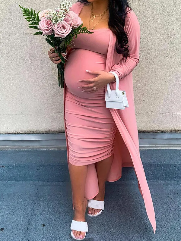 Momnfancy Two Piece Boat-Neck Bodycon Babyshower Evening Maternity Maxi Dress