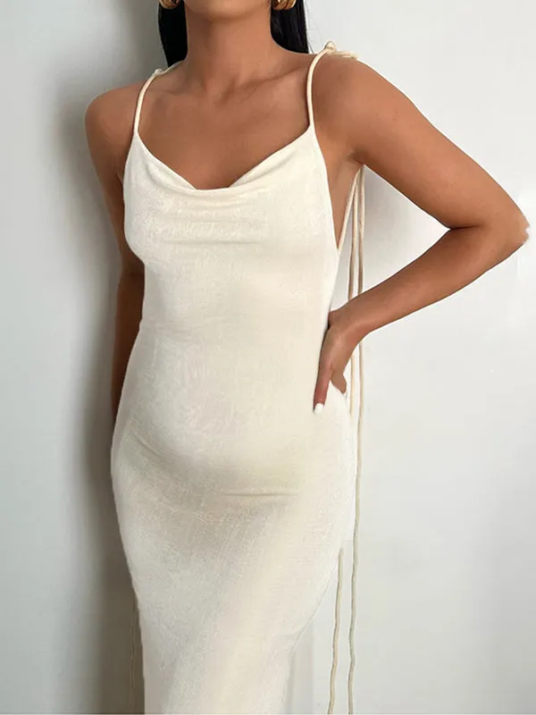 Momnfancy White Bodycon Backless Draped Spaghetti Strap Lace Up Photoshoot Party Maternity Maxi Dress