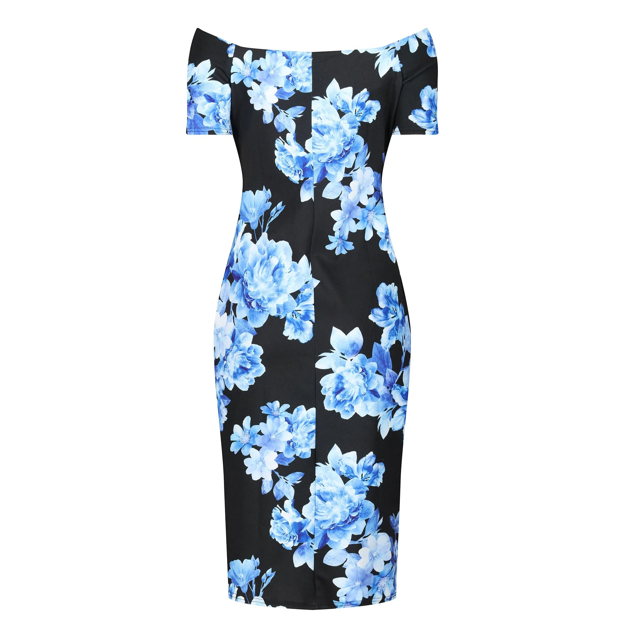 Navy & Pale Blue Floral Print Wiggle Pencil Dress w/ Cap Sleeves