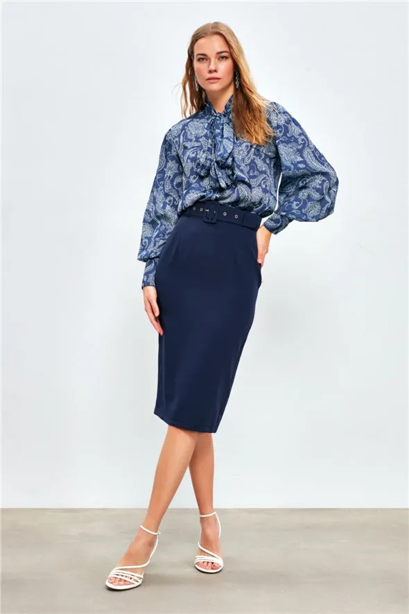 Pencil Skirt Midi with Belt - Navy Blue