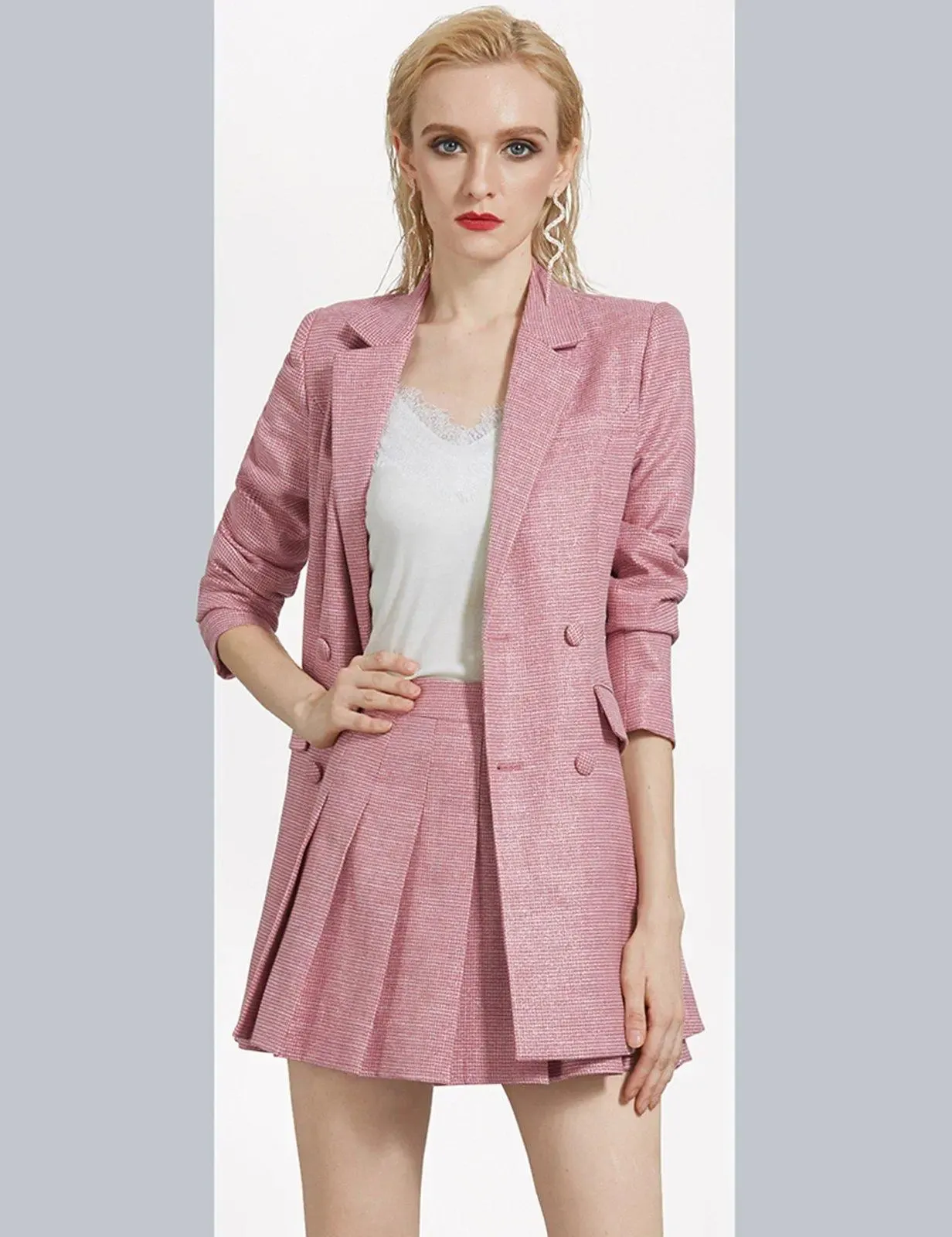 Pink Belted Blazer & Pleasted Mini Skirt Set