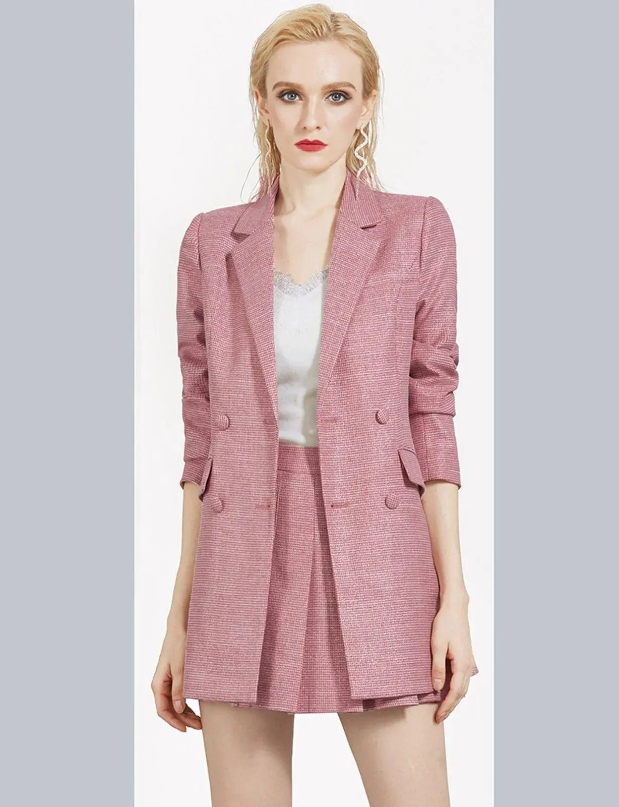 Pink Belted Blazer & Pleasted Mini Skirt Set