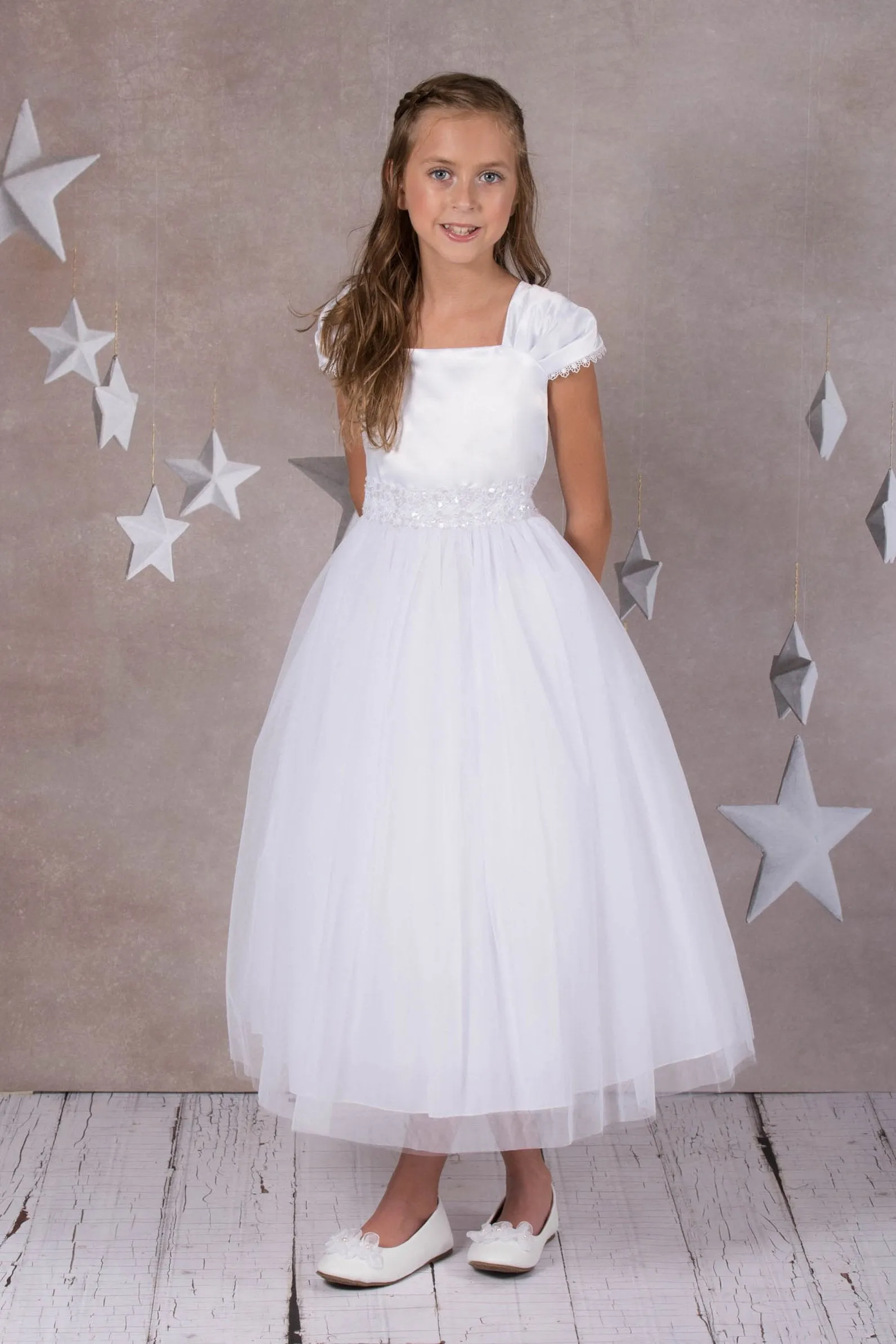 Pleated Cap Sleeve Long Girls Dress