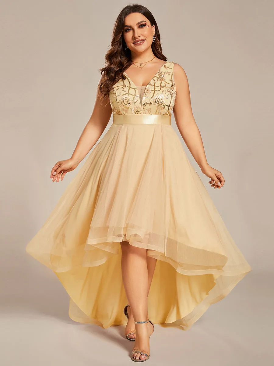 Plus High-Low V Neck Tulle Wholesale Prom Dresses with Sequin Appliques