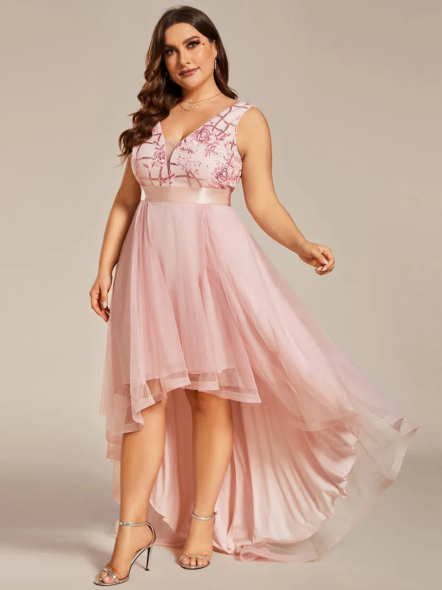 Plus High-Low V Neck Tulle Wholesale Prom Dresses with Sequin Appliques