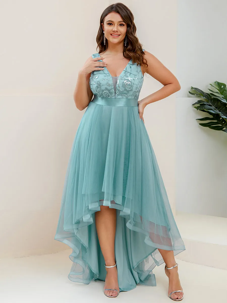 Plus High-Low V Neck Tulle Wholesale Prom Dresses with Sequin Appliques