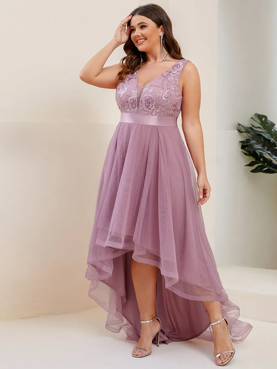 Plus High-Low V Neck Tulle Wholesale Prom Dresses with Sequin Appliques