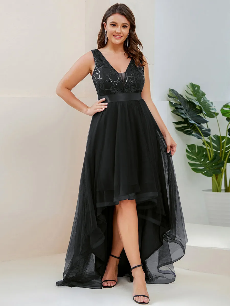 Plus High-Low V Neck Tulle Wholesale Prom Dresses with Sequin Appliques