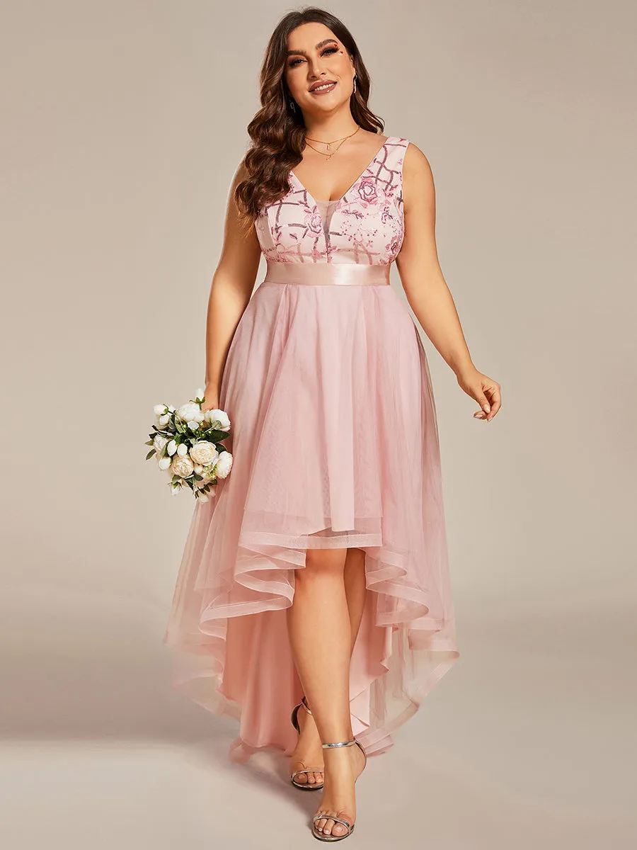 Plus High-Low V Neck Tulle Wholesale Prom Dresses with Sequin Appliques