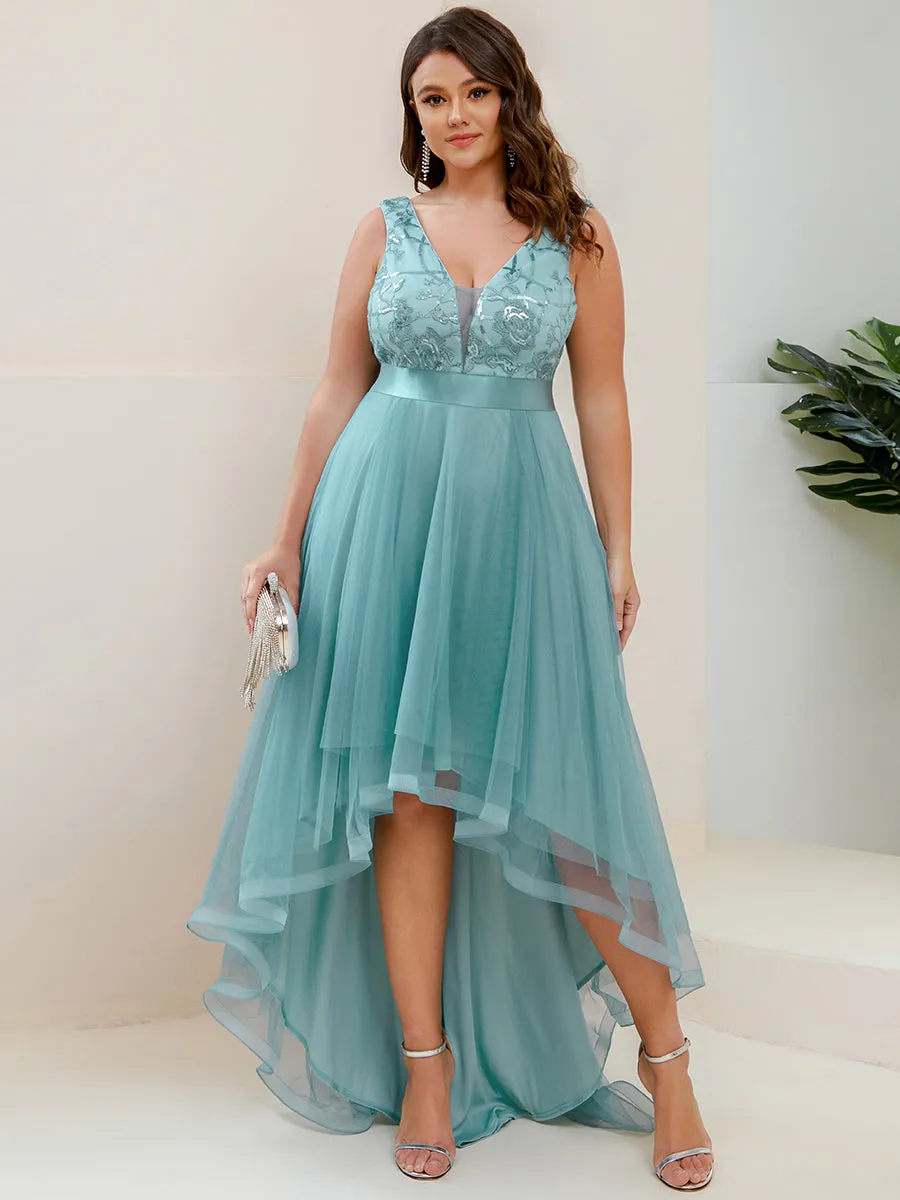 Plus High-Low V Neck Tulle Wholesale Prom Dresses with Sequin Appliques