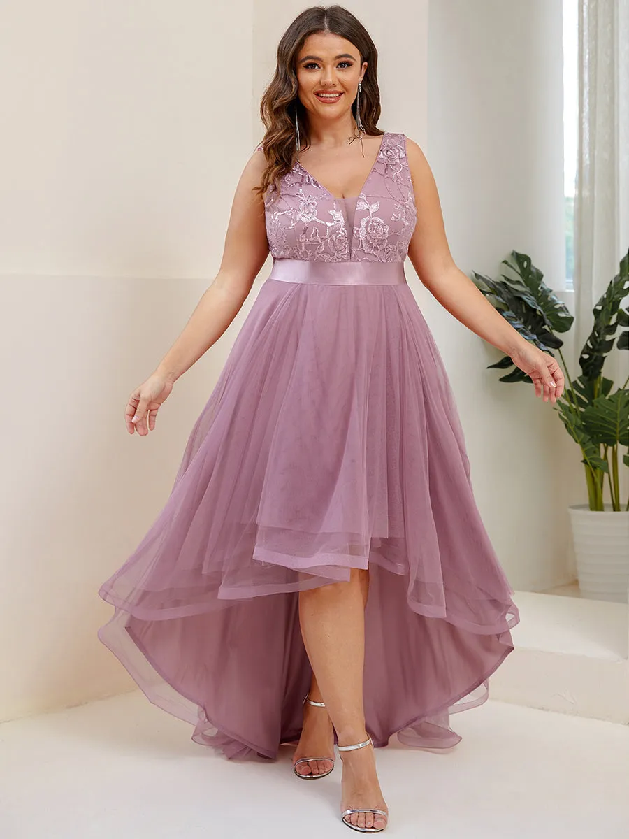 Plus High-Low V Neck Tulle Wholesale Prom Dresses with Sequin Appliques