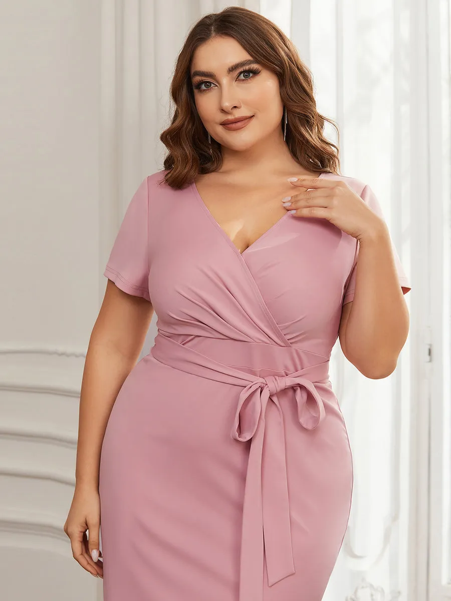 Plus Size Deep V Neck Short Sleeve Wholesale Cocktail Dresses With Belt