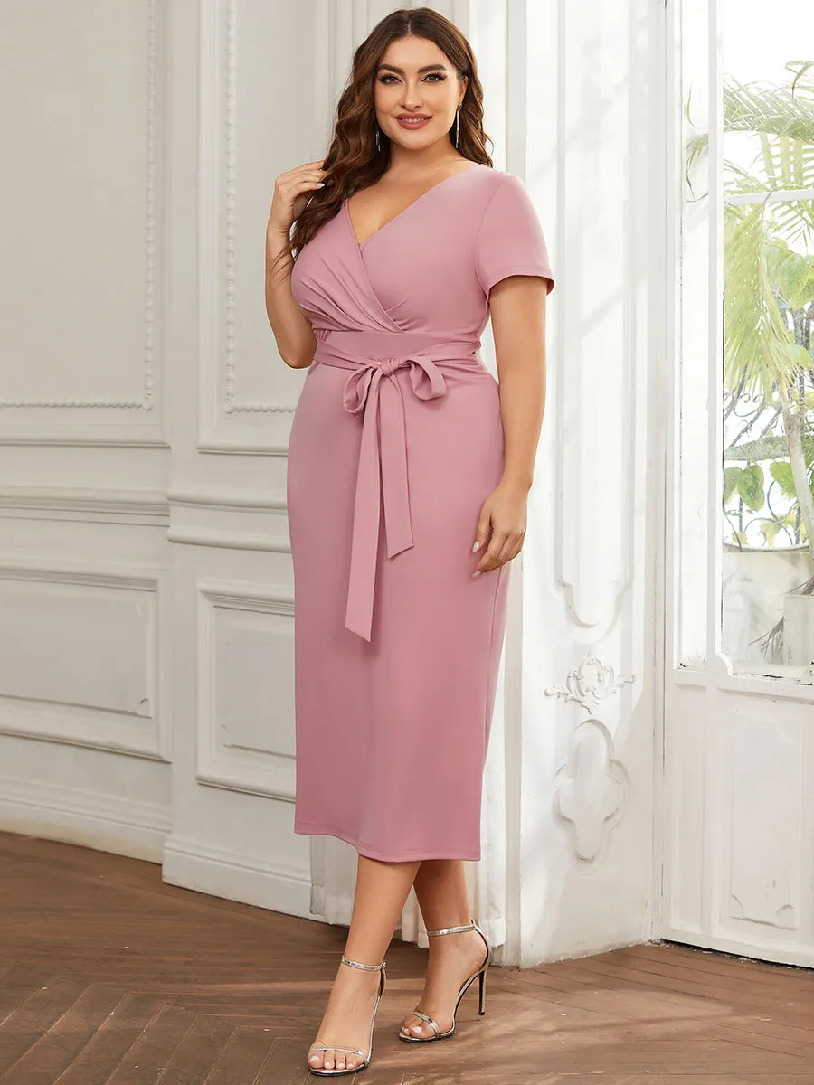 Plus Size Deep V Neck Short Sleeve Wholesale Cocktail Dresses With Belt