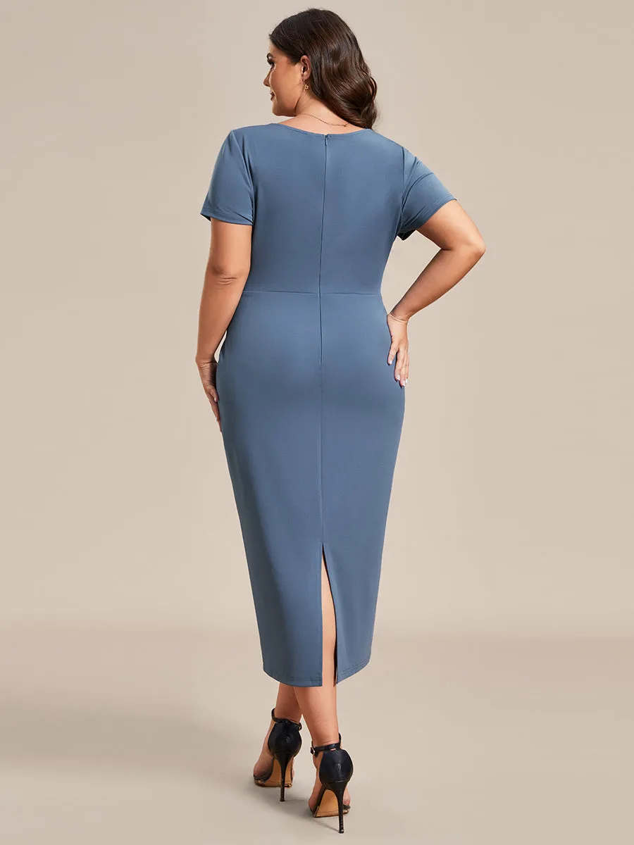 Plus Size Deep V Neck Short Sleeve Wholesale Cocktail Dresses With Belt