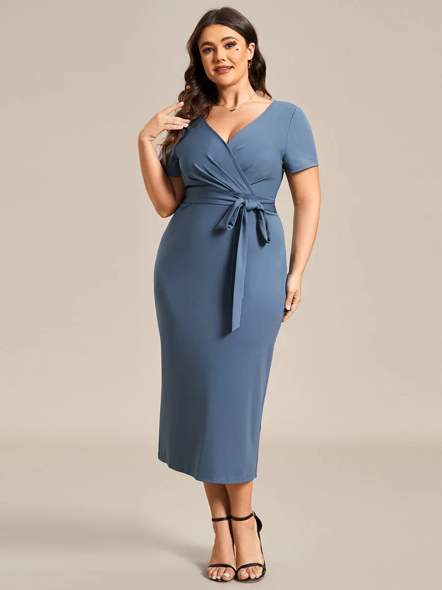 Plus Size Deep V Neck Short Sleeve Wholesale Cocktail Dresses With Belt